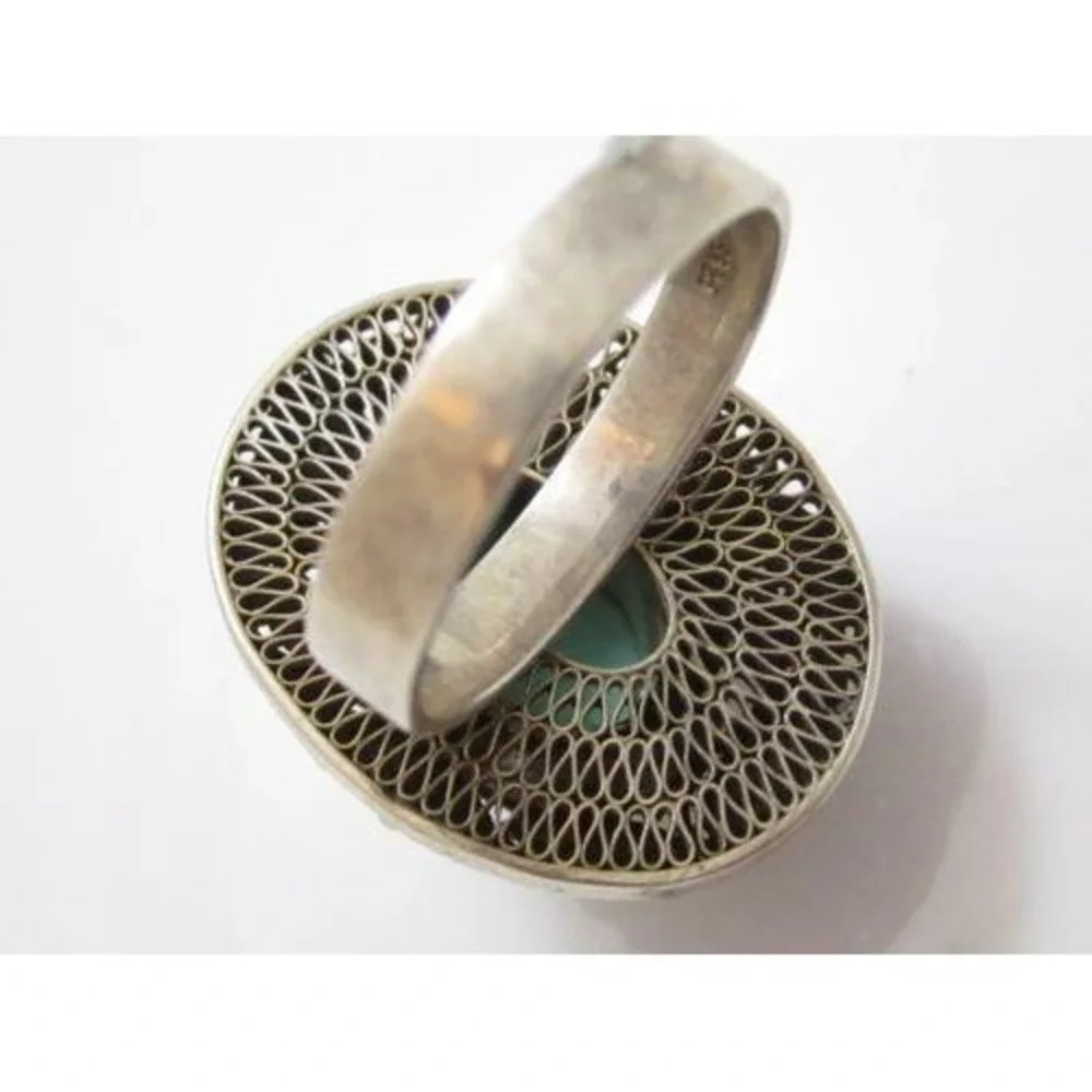 Vintage Chinese Export Enamel Flower 925 St Silver‎ Turquoise Ring*9.25